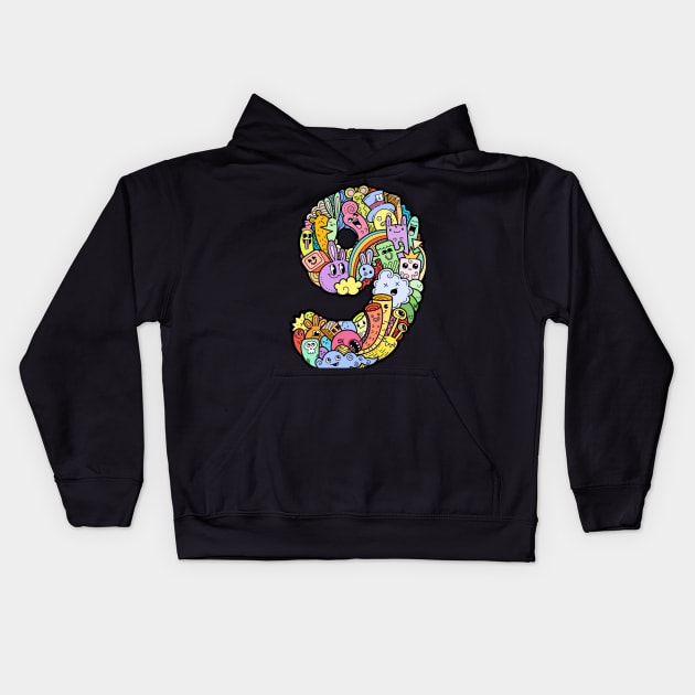 Number 9 nine -Funny and Colorful Cute Monster Creatures Kids Hoodie by funwithletters